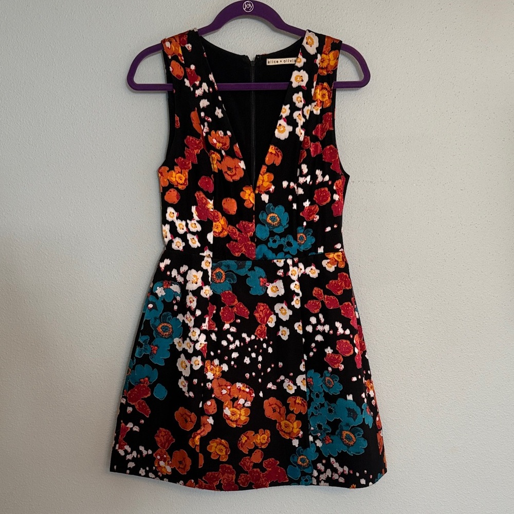 Alice + Olivia Floral Mini Dress - Black, Red, Blue, Orange